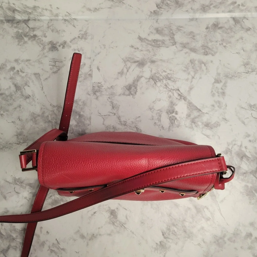 Michael Kors Red‎ Pebbled Leather Studded Flap Crossbody Bag Gold Hardware